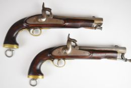 A pair of replica percussion hammer action pistols each with lock marked '1858 Tower' brass