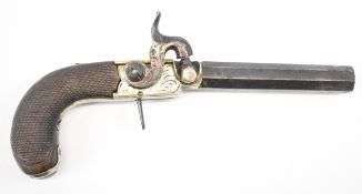 English percussion hammer action pocket pistol with engraved lock, hammer and underside, folding