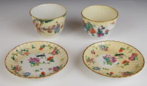 Two 19thC Chinese fluted teabowls and saucers with enamelled figural decoration, H6cm