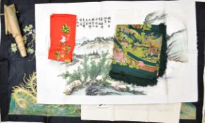 Collection of Chinese embroideries and a small scroll painting decorated with birds