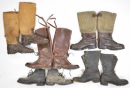 Four pairs WW1 era military style full length boots including one pair with canvas top and one