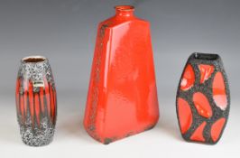 Three retro / mid century modern West German or similar pottery vases including fat lava guitar