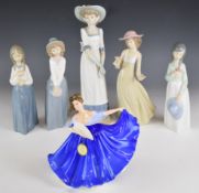 Five Nao figurines and Royal Doulton 'Elaine', tallest 34cm, three boxed