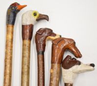 Five walking sticks, all with handles carved in the form of dogs or birds, some with glass eyes.
