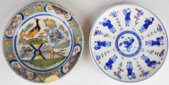 18thC Delft polychrome decorated plate with bird decoration and Chinoiserie decorated with faint