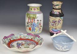 Chinese vases, crimped plate with figural decoration and a Japanese basket, tallest 26cm