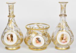 Three 19thC gilded glass vases with enamel portrait decoration, largest 17.5cm tall.
