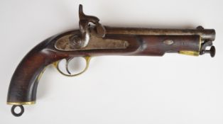 Enfield percussion hammer action sea-service pistol with brass trigger guard and butt cap, captive