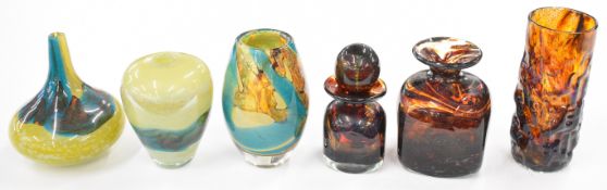 Six Mdina art glass vases and scent bottles including tortoiseshell, textured bark and blue and