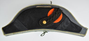 Dutch bicorn hat in black with orange rosette and gold button with floral decoration, L44cm, in