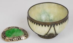 Chinese Jade or similar bowl with metal mounts with character marks to base, diameter 7cm,