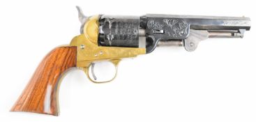 Italian .36 six-shot single action revolver with cylinder engraved with scenes of ships, engraved
