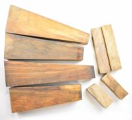 Eight figured walnut shotgun or rifle stock, forend and stock extension blanks, the stock blanks