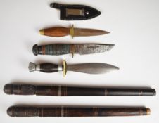Three small hunting knives, one with sheath, together with two Oriental long knives both with