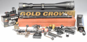 A collection of gun sights, scope and parts including Nikko Stirling Gold Crown 6-24x42 AO, Lyman