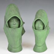 Two painted green terracotta busts in the Goldscheider style but possibly 'Sardinian Woman' by