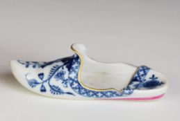 Meissen porcelain slipper with flora and fauna decoration and blue crossed swords to base, L17cm