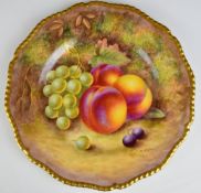 Royal Worcester painted fruit cabinet plate with gadrooned and gilded rim, signed Ayrton, diameter