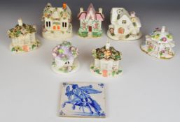 19thC Staffordshire pastille burners, Coalport example, 19thC tile etc, tallest 13cm