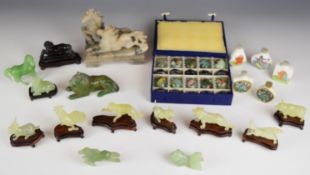 Collection of Chinese jade / hardstone or similar animals and porcelain snuff bottles, tallest 14cm