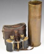 Pair of Negretti & Zambra, London binoculars with case, together with a 75mm brass shell case
