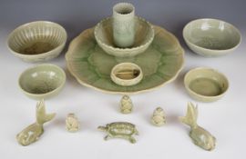 Collection of Chinese celadon ceramics including a large platter, vase & dishes, largest diameter