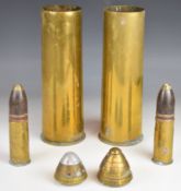 Pair of WW1 shell cases, trench art Somme case, fuses including BSC no 85, no 80 etc, tallest 29cm
