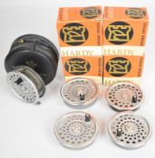 Hardy Brothers fly fishing reel 'The Marquis #7' with four boxed spare spools, the reel in soft