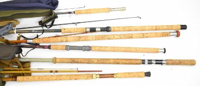 Eight spinning and salmon fly fishing rods including split cane examples, Ron Thompson 'Taupo',