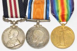 WW1 Hampshire Regiment Military Medal trio comprising Military Medal, War Medal and Victory Medal