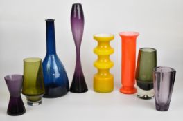 Eight Tamara Aladin for Riihimaen Lasi Riihimaki glass vases, largest 38cm tall.
