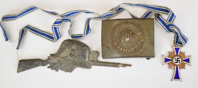 German WW2 Nazi Third Reich 'Mit Gott Uns' belt buckle, bronze Mother's Cross and an alloy badge
