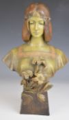 Goldscheider Art Nouveau bust 'Pureté' girl with garland in her hair and flowers in relief emanating