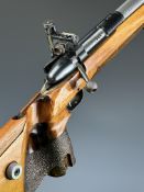 Wichita 7.62 bolt-action target rifle with shaped and textured thumb-hole grip, adjustable