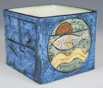 Troika cube vase with incised geometric and fish decoration, signed with monogram to base, H8.5cm