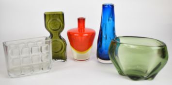 Five glass vases comprising Whitefriars Knobbly vase in Kingfisher blue, James Hogan for Whitefriars