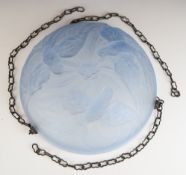 Early 20thC glass plaffonier with relief moulded decoration of birds in flight, 34cm in diameter.