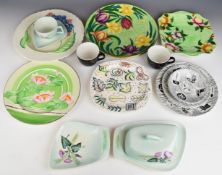 Art Deco and mid century modern ceramics including Gray's Pottery floral charger, Midwinter