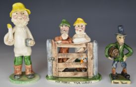Three Alan Young Devon Pottery figures comprising Tom Pearse and Tom Cobley at a gate, farmer with a