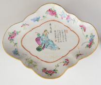 19thC Chinese pedestal shaped dish with enamelled decoration of a scholar / elder with script,