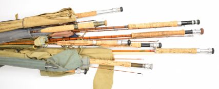 Ten mostly split cane fly fishing rods including 'The Manifold', Hardy Viscount Grey Palakona, The