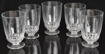Five Lalique Blois drinking glasses each signed 'R Lalique', 14cm tall.