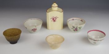 18thC creamware tea caddy and cover, 18thC tea bowls and a stoneware pottery tea bowl with