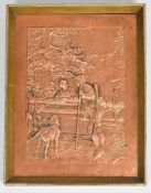 Cast copper plaque featuring a lady speaking over a fence to a hunter with his dog, 23.5x18cm.