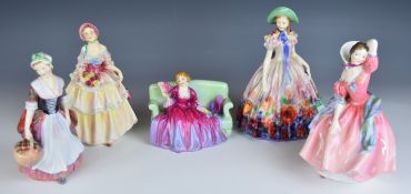 Five Royal Doulton figurines comprising Irene, Easter Day, Maytime, Prue and Sweet and Twenty HN1589