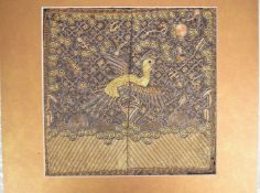 19thC Chinese embroidered silk rank badge decorated with a pied flycatcher or peacock, 27 x 28cm