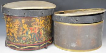 Two side drums, one strung and both bearing Royal coat of arms, tallest 37cm with diameter 41cm,