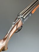 Hunter 12 bore side by side shotgun with engraved locks, underside, trigger guard, top plate and