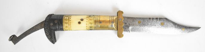 Spanish Navaja folding knife with engraved brass and carved bone grips and 15cm curved blade. PLEASE