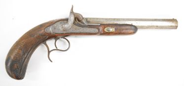 Percussion hammer action target pistol with engraved lock, hammer, scrolling trigger guard and top